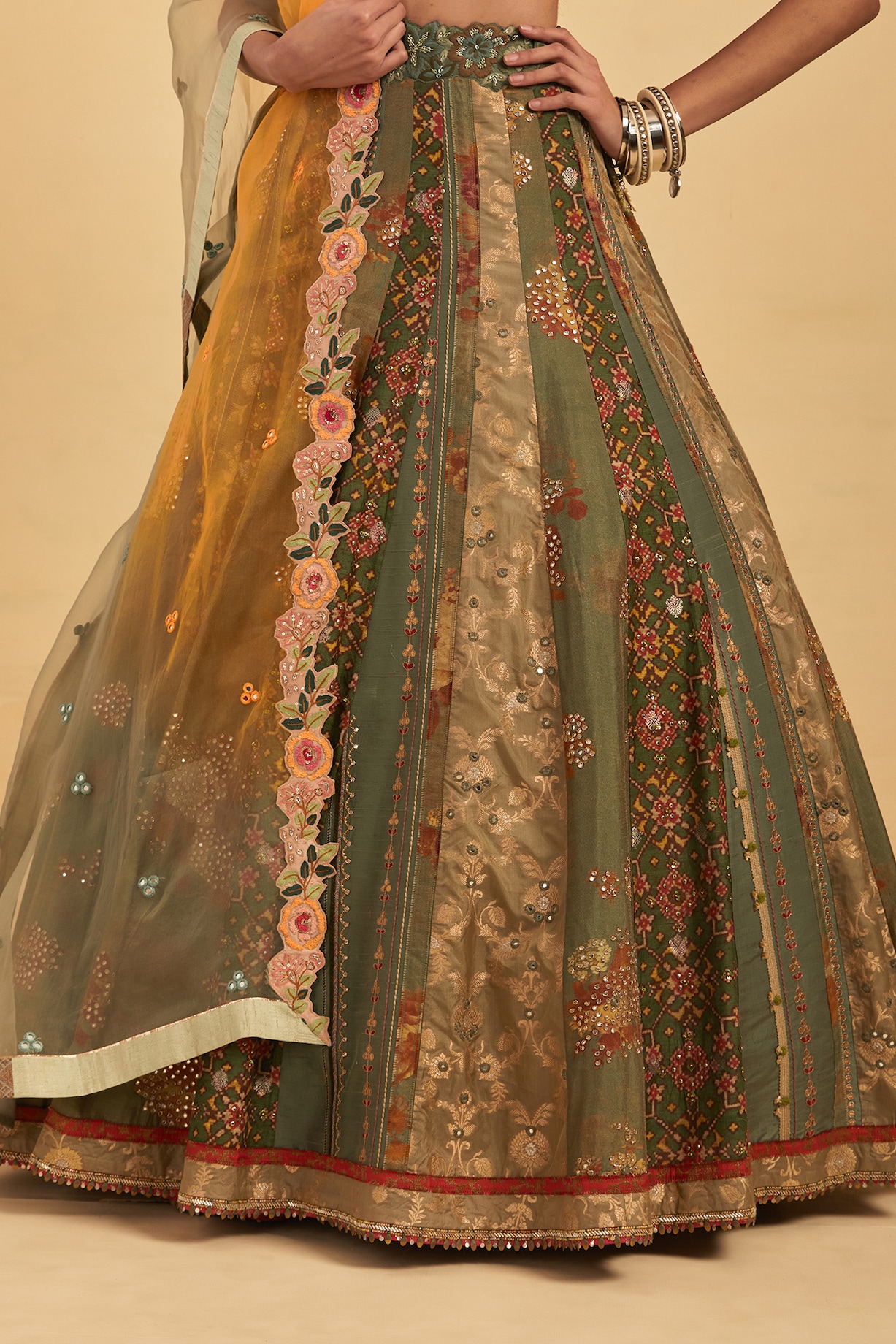 Green Silk Embroidered Lehenga Set Design by aum ashima & asit at