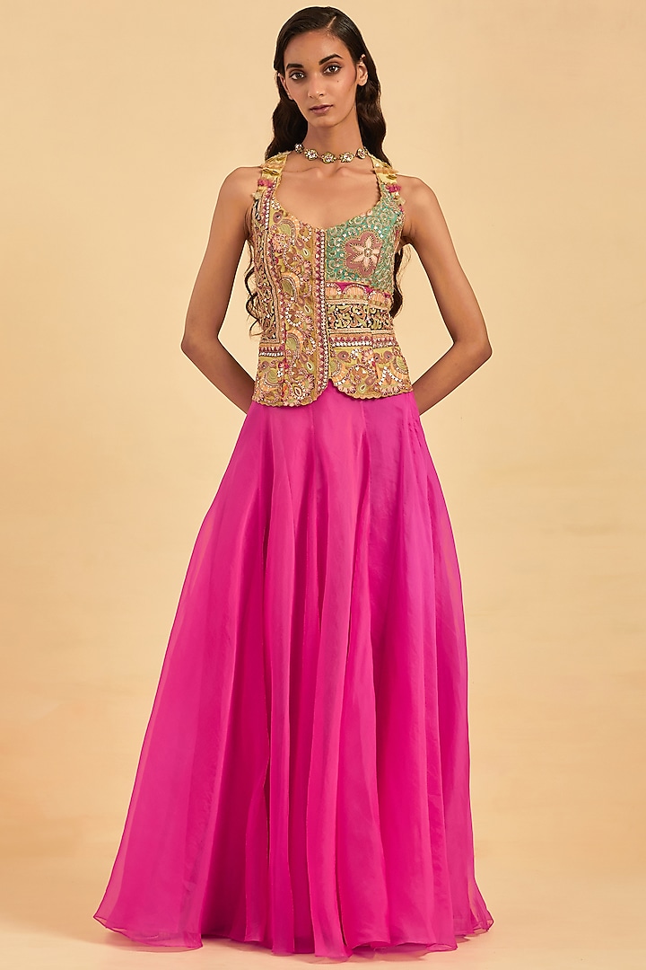 Fuchsia Organza Skirt Set by aum ashima & asit at Pernia's Pop Up Shop