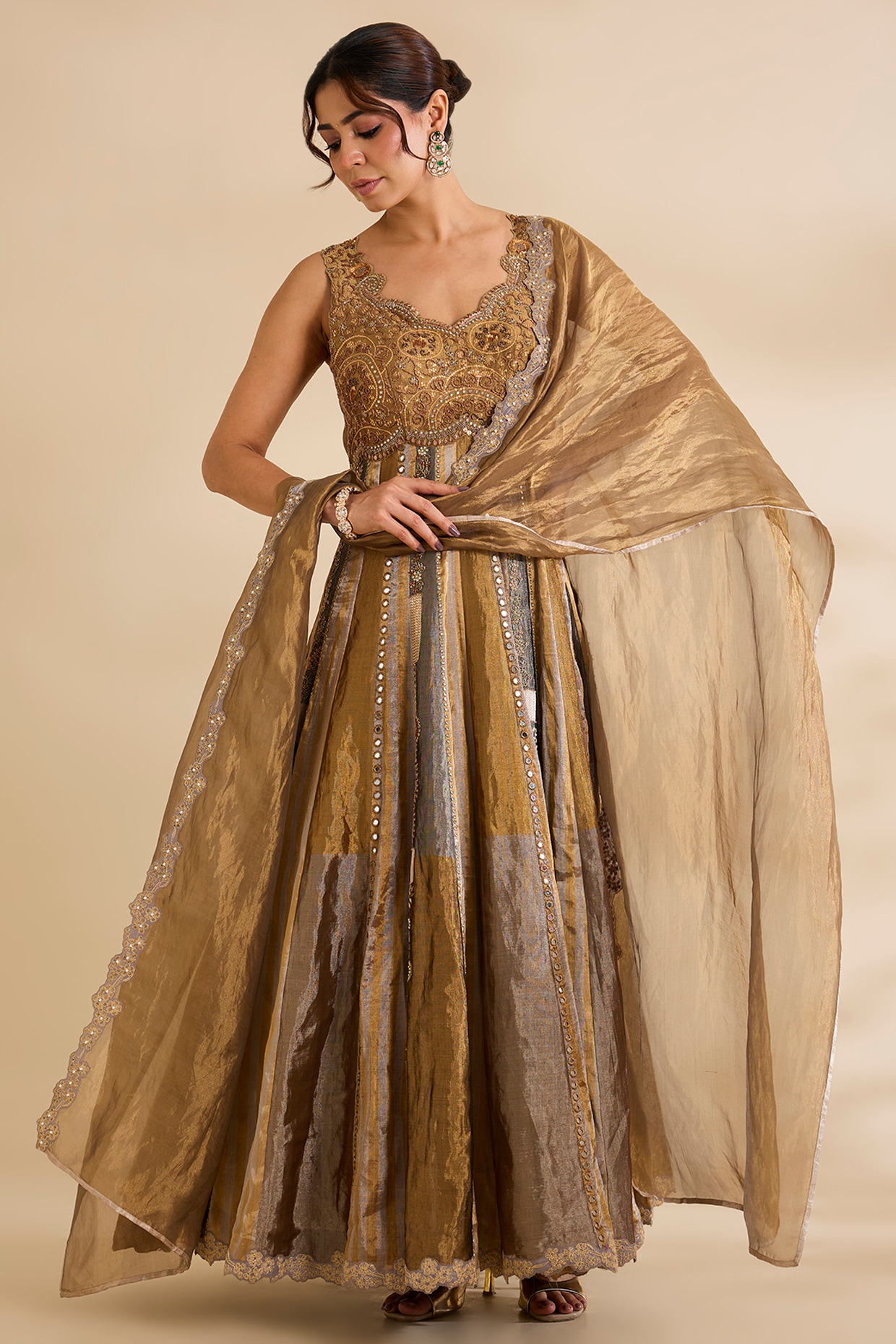 aum ashima & asit Metallic Gold Silk Anarkali Set