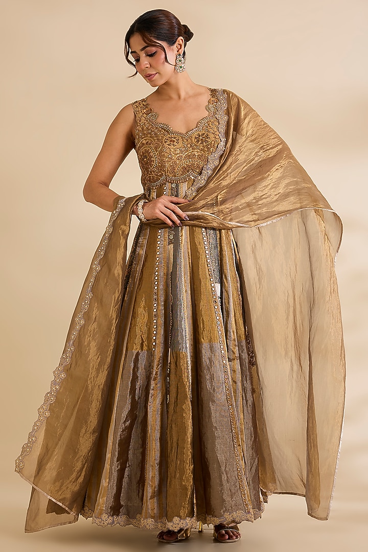 Metallic Gold Silk Bridal Anarkali Set by aum ashima & asit at Pernia's Pop Up Shop