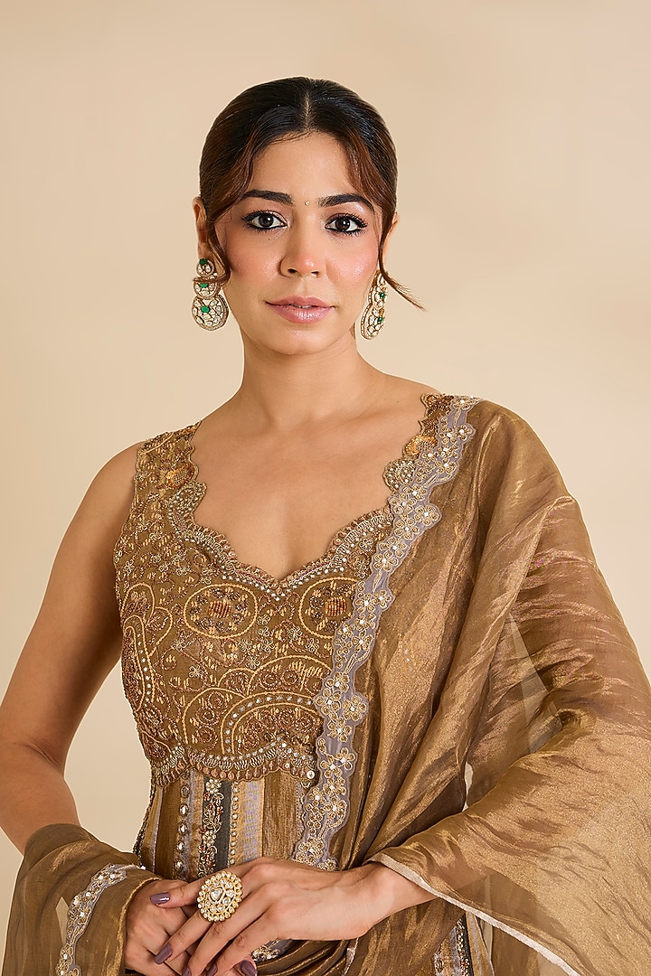 Metallic Gold Silk Bridal Anarkali Set by aum ashima & asit at Pernia's Pop Up Shop
