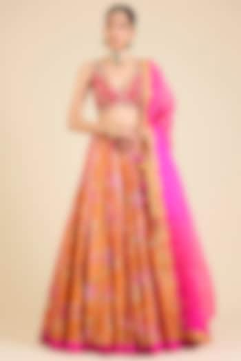 Rust Orange Raw Silk Printed Flared Bridal Lehenga Set by aum ashima & asit at Pernia's Pop Up Shop