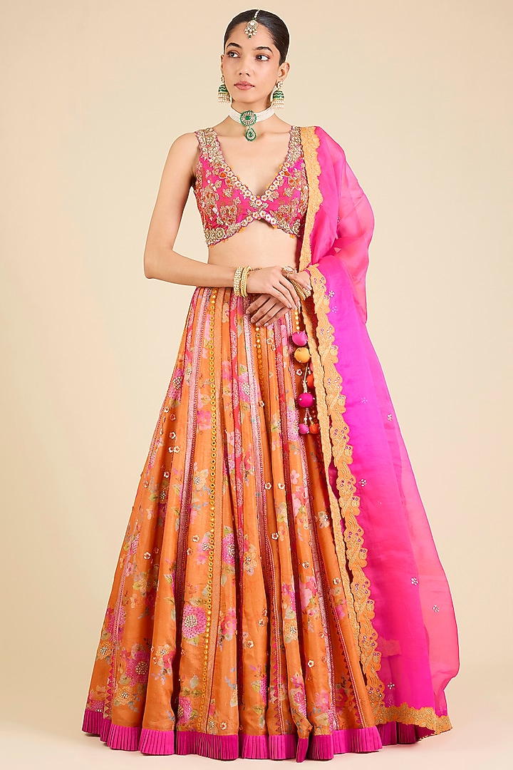 Rust Orange Raw Silk Printed Flared Bridal Lehenga Set by aum ashima & asit at Pernia's Pop Up Shop