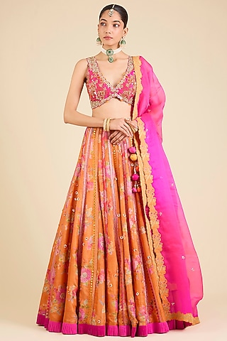 Rust Orange Raw Silk Printed Flared Lehenga Set by aum ashima & asit