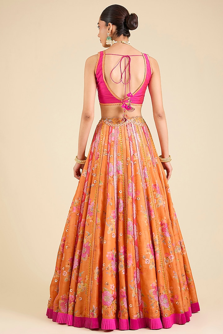 Rust Orange Raw Silk Printed Flared Bridal Lehenga Set by aum ashima & asit at Pernia's Pop Up Shop