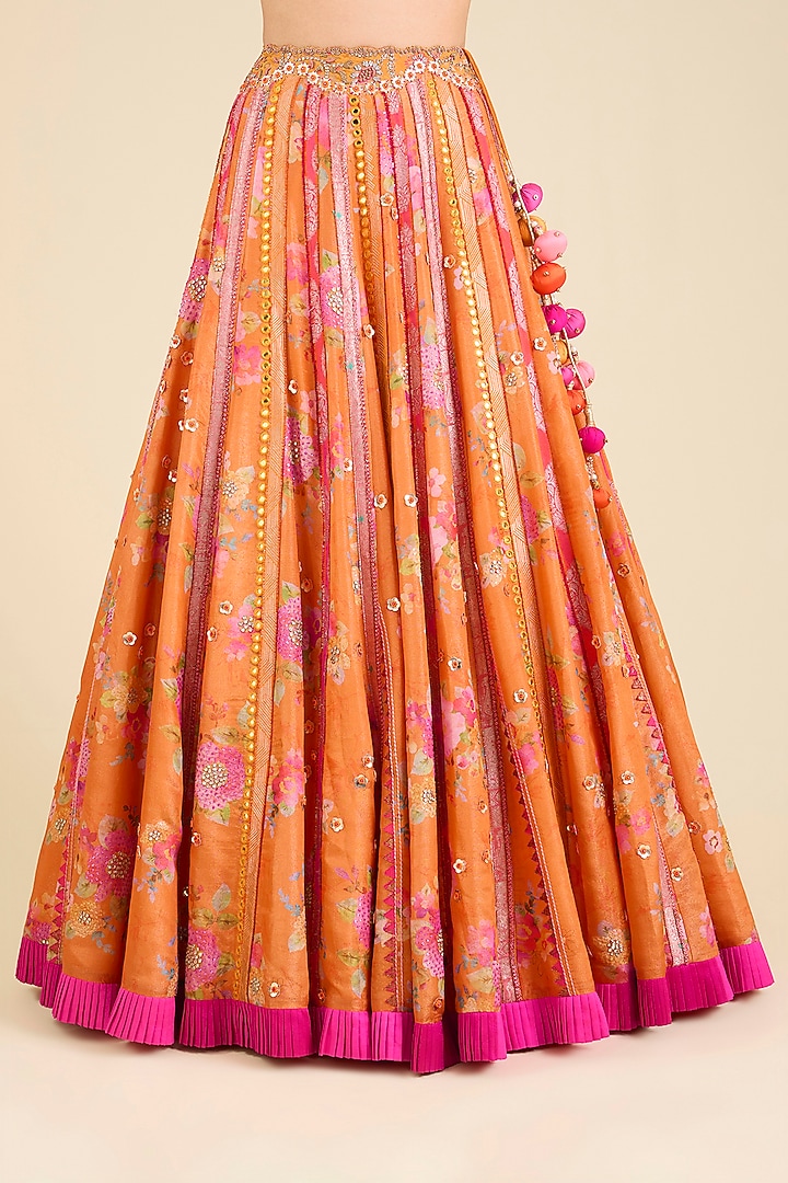 Rust Orange Raw Silk Printed Flared Bridal Lehenga Set by aum ashima & asit at Pernia's Pop Up Shop