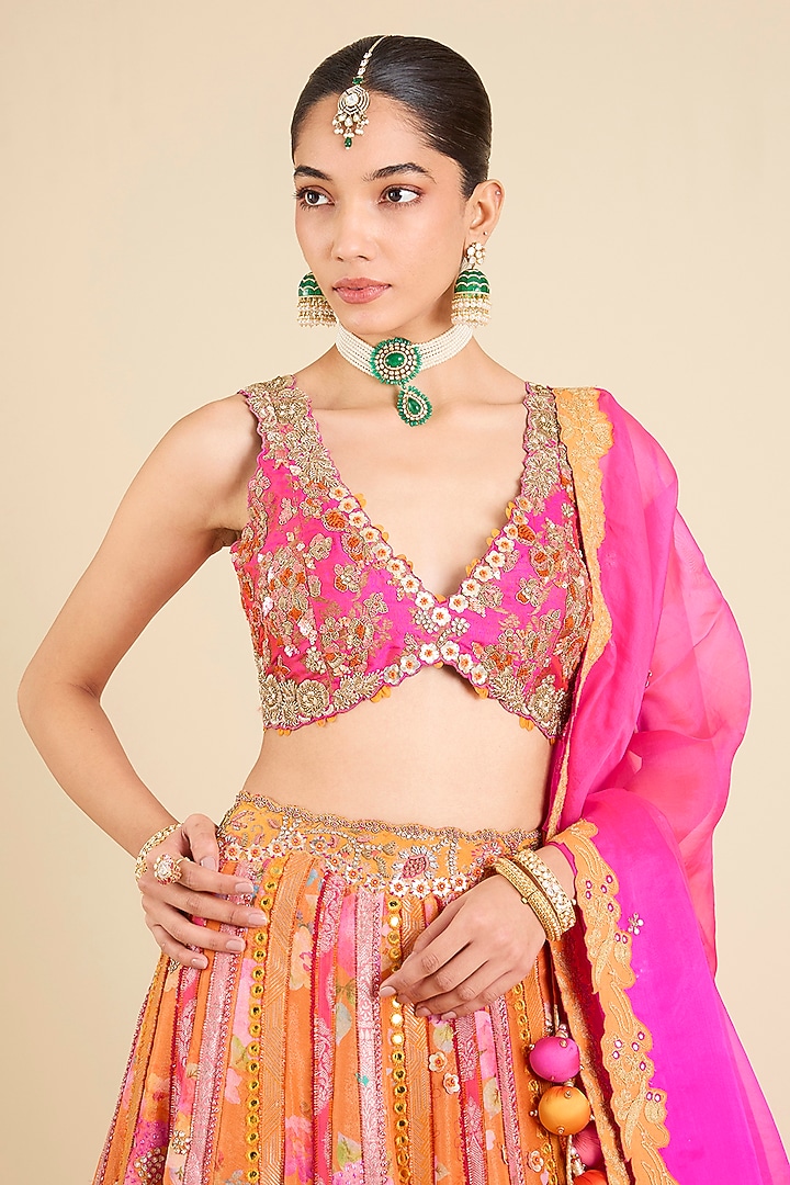 Rust Orange Raw Silk Printed Flared Bridal Lehenga Set by aum ashima & asit at Pernia's Pop Up Shop