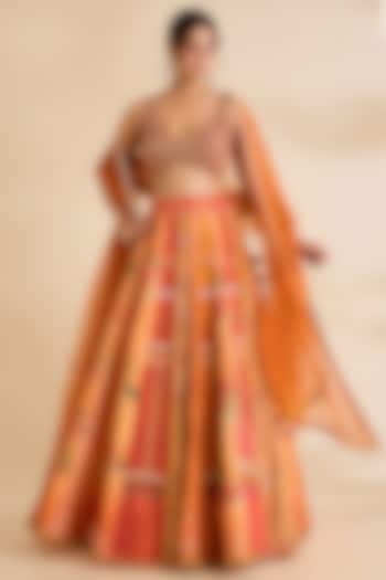 Orange Silk Bridal Lehenga Set by aum ashima & asit at Pernia's Pop Up Shop
