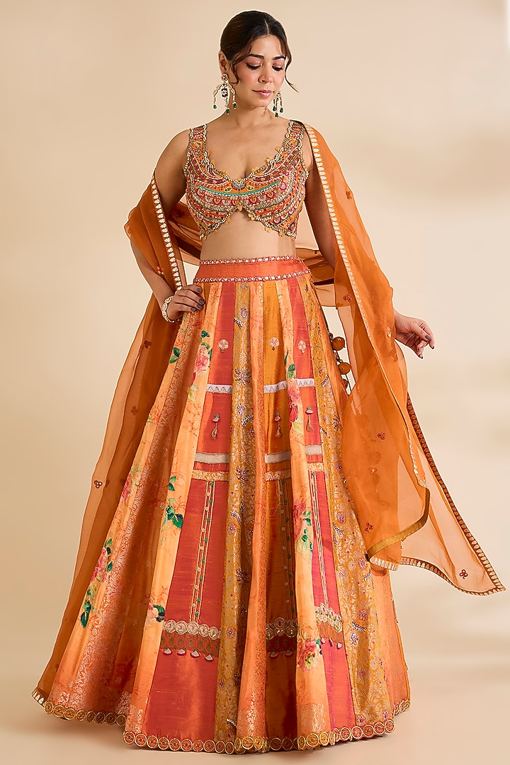 Orange Silk Bridal Lehenga Set by aum ashima & asit at Pernia's Pop Up Shop