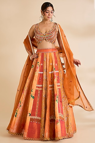 Orange Silk Lehenga Set by aum ashima & asit