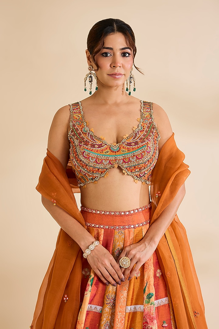 Orange Silk Bridal Lehenga Set by aum ashima & asit at Pernia's Pop Up Shop