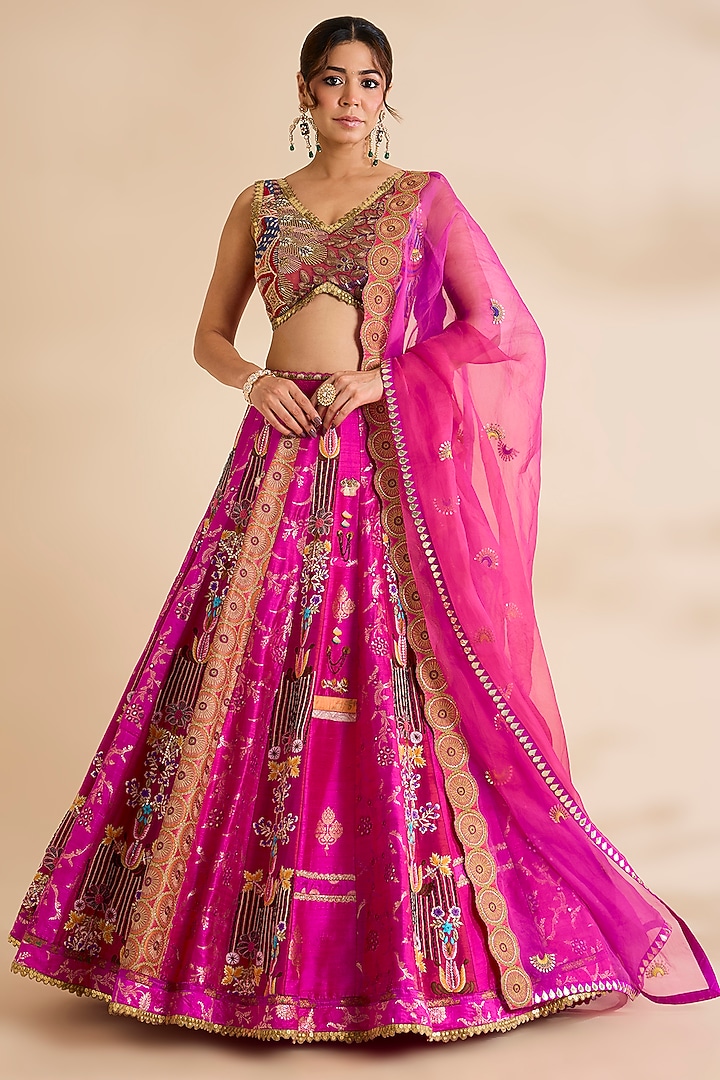 Fuchsia Silk Bridal Lehenga Set by aum ashima & asit at Pernia's Pop Up Shop