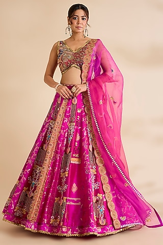 Fuchsia Silk Lehenga Set by aum ashima & asit