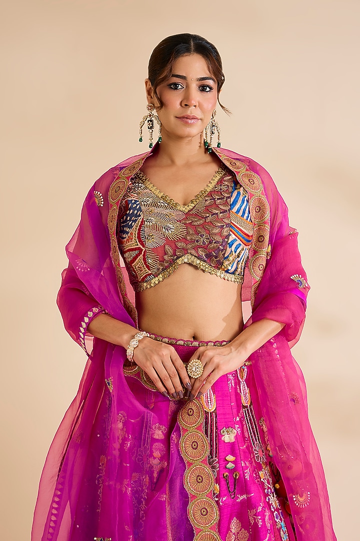Fuchsia Silk Bridal Lehenga Set by aum ashima & asit at Pernia's Pop Up Shop