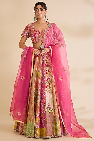 Pink Silk Lehenga Set by aum ashima & asit
