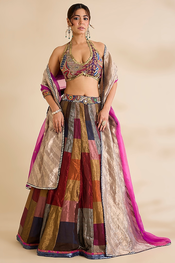 Multi-Colored Silk Tissue Wedding Lehenga Set by aum ashima & asit at Pernia's Pop Up Shop