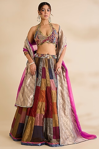 Multi-Colored Silk Tissue Lehenga Set by aum ashima & asit