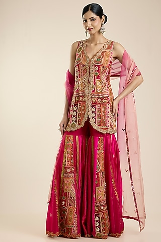 Red Silk Floral Printed Sharara Set by aum ashima & asit