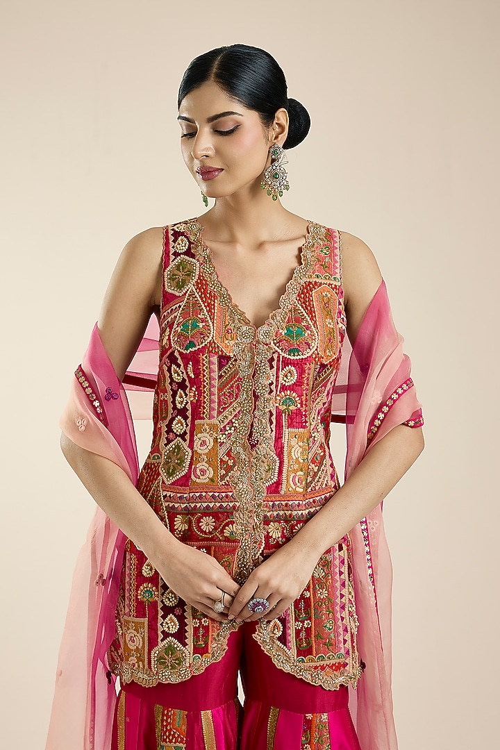 Red Silk Floral Printed Bridal Sharara Set by aum ashima & asit at Pernia's Pop Up Shop