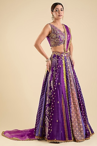 Purple Silk Embroidered Lehenga Set by aum ashima & asit