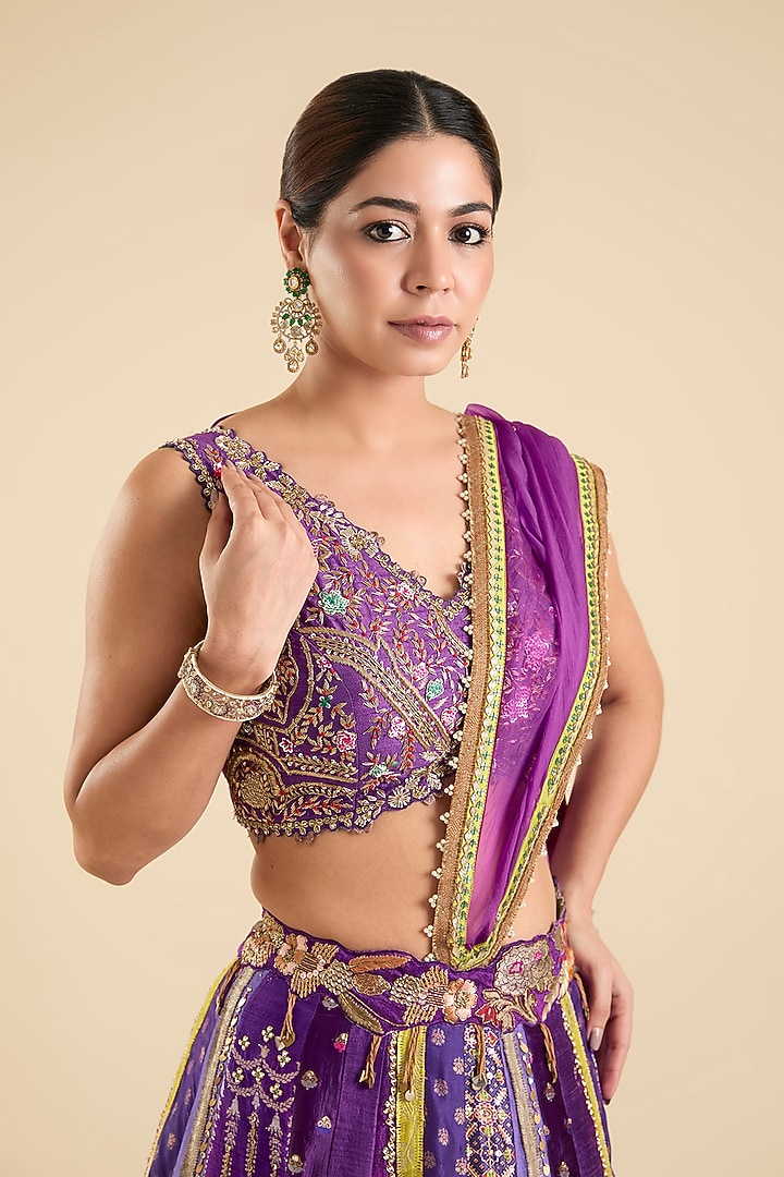 Purple Silk Embroidered Bridal Lehenga Set by aum ashima & asit at Pernia's Pop Up Shop