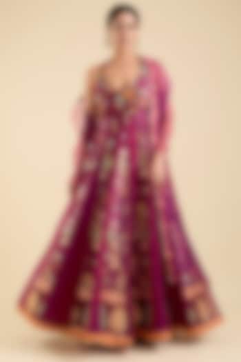 Magenta Silk Embroidered Wedding Anarkali Set by aum ashima & asit at Pernia's Pop Up Shop
