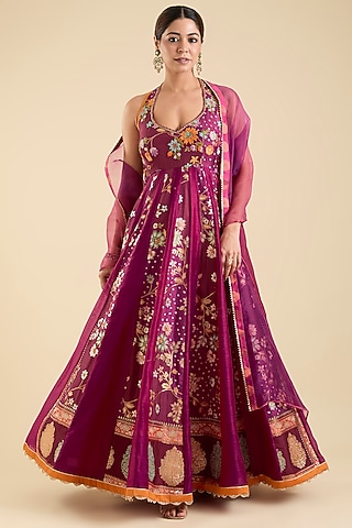 Magenta Silk Embroidered Anarkali Set by aum ashima & asit