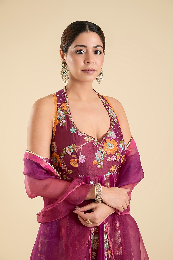 Magenta Silk Embroidered Wedding Anarkali Set by aum ashima & asit at Pernia's Pop Up Shop