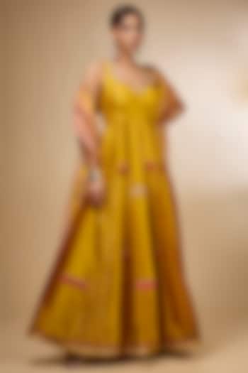 Yellow Silk Zardosi Embroidered Kalidar Wedding Anarkali Set by aum ashima & asit at Pernia's Pop Up Shop