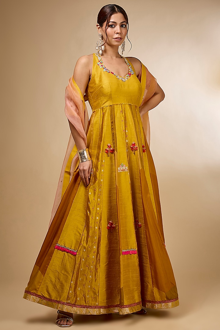 Yellow Silk Zardosi Embroidered Kalidar Wedding Anarkali Set by aum ashima & asit at Pernia's Pop Up Shop