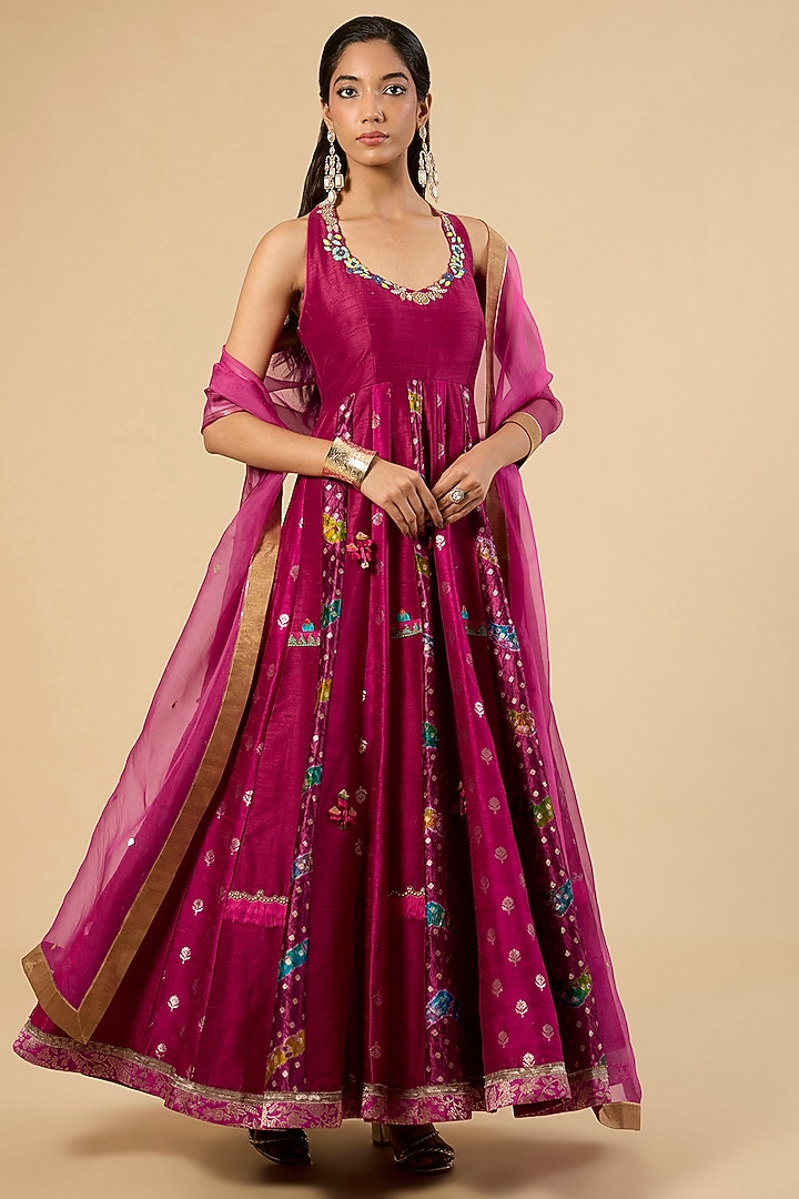 Wine Silk Wedding Anarkali Set by aum ashima & asit at Pernia's Pop Up Shop