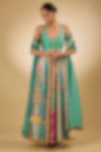 Blue Silk Wedding Anarkali Set by aum ashima & asit at Pernia's Pop Up Shop