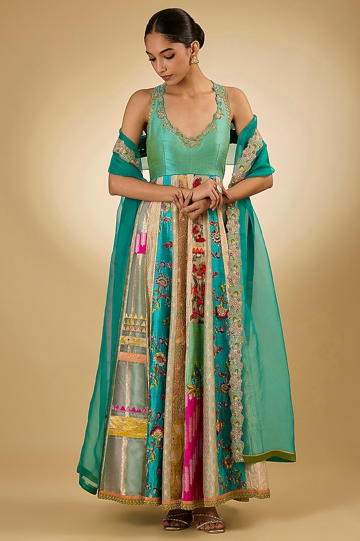 Blue Silk Wedding Anarkali Set by aum ashima & asit at Pernia's Pop Up Shop