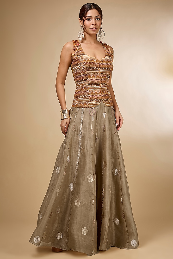 Beige Organza Skirt Set by aum ashima & asit at Pernia's Pop Up Shop