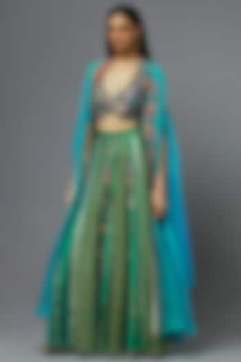 Turquoise Silk Cape Set by aum ashima & asit at Pernia's Pop Up Shop