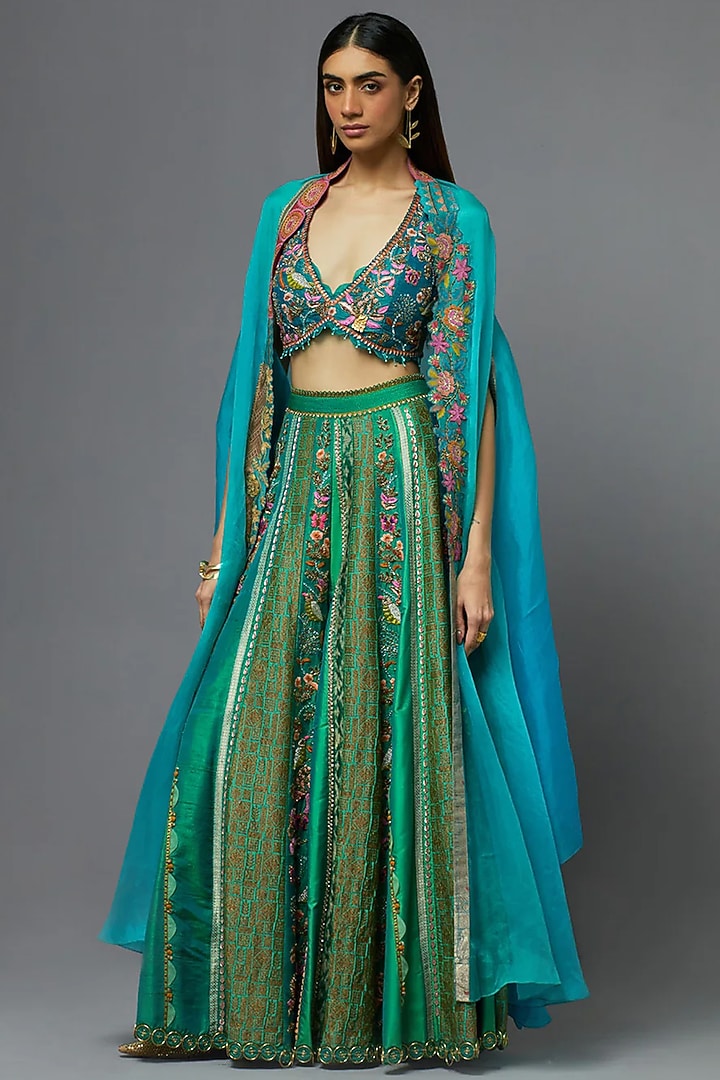 Turquoise Silk Cape Set by aum ashima & asit at Pernia's Pop Up Shop