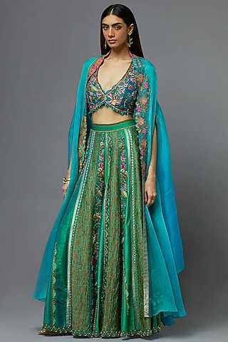 Turquoise Silk Cape Set by aum ashima & asit
