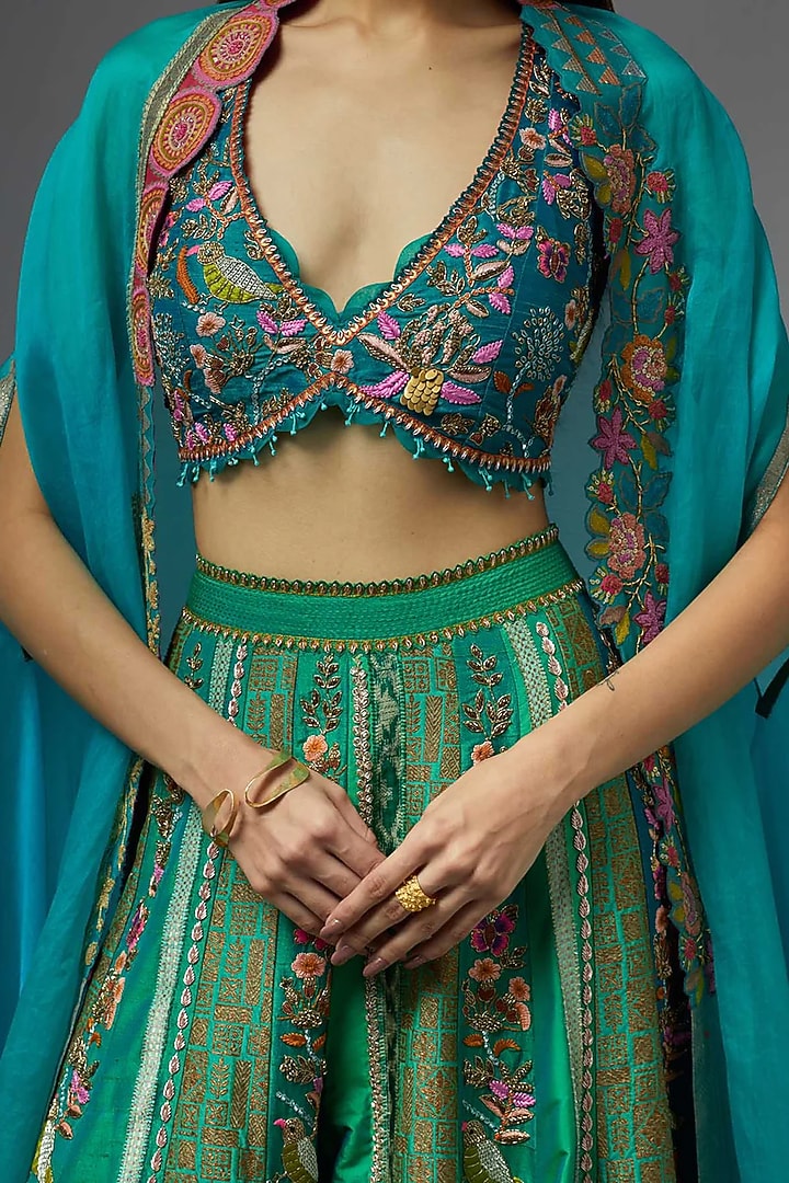 Turquoise Silk Cape Set by aum ashima & asit at Pernia's Pop Up Shop