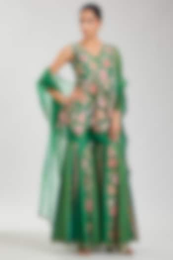 Green Silk Floral Printed Bridal Sharara Set by aum ashima & asit at Pernia's Pop Up Shop