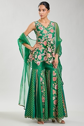 Green Silk Floral Printed Sharara Set by aum ashima & asit
