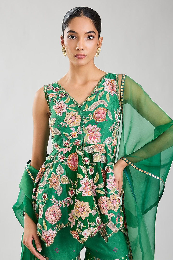 Green Silk Floral Printed Bridal Sharara Set by aum ashima & asit at Pernia's Pop Up Shop