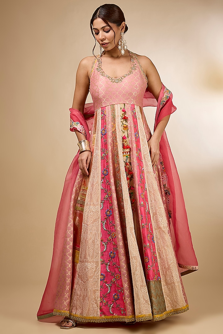 Pink Silk Zardosi Embroidered Kalidar Wedding Anarkali Set by aum ashima & asit at Pernia's Pop Up Shop