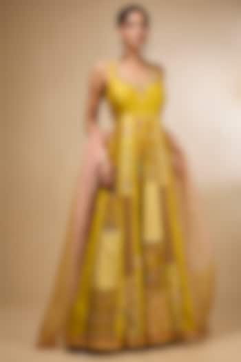 Yellow Silk Zardosi Embroidered Kalidar Wedding Anarkali Set by aum ashima & asit at Pernia's Pop Up Shop