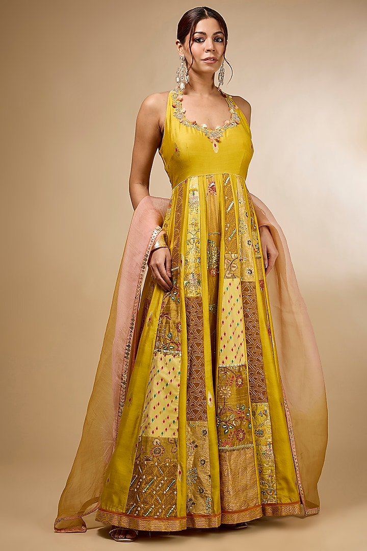 Yellow Silk Zardosi Embroidered Kalidar Wedding Anarkali Set by aum ashima & asit at Pernia's Pop Up Shop