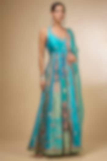 Turquoise Silk Zardosi Embroidered Kalidar Wedding Anarkali Set by aum ashima & asit at Pernia's Pop Up Shop