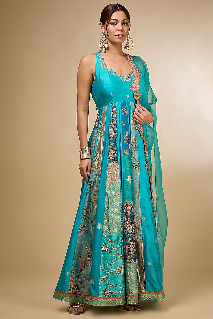 Turquoise Silk Zardosi Embroidered Kalidar Wedding Anarkali Set by aum ashima & asit at Pernia's Pop Up Shop
