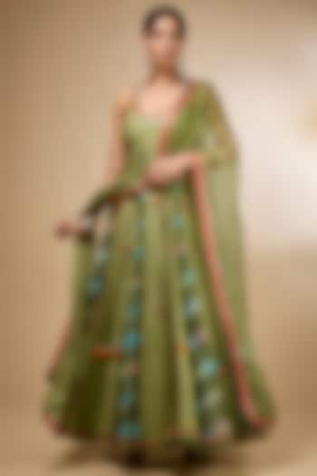 Green Silk Zardosi Embroidered Kalidar Wedding Anarkali Set by aum ashima & asit at Pernia's Pop Up Shop