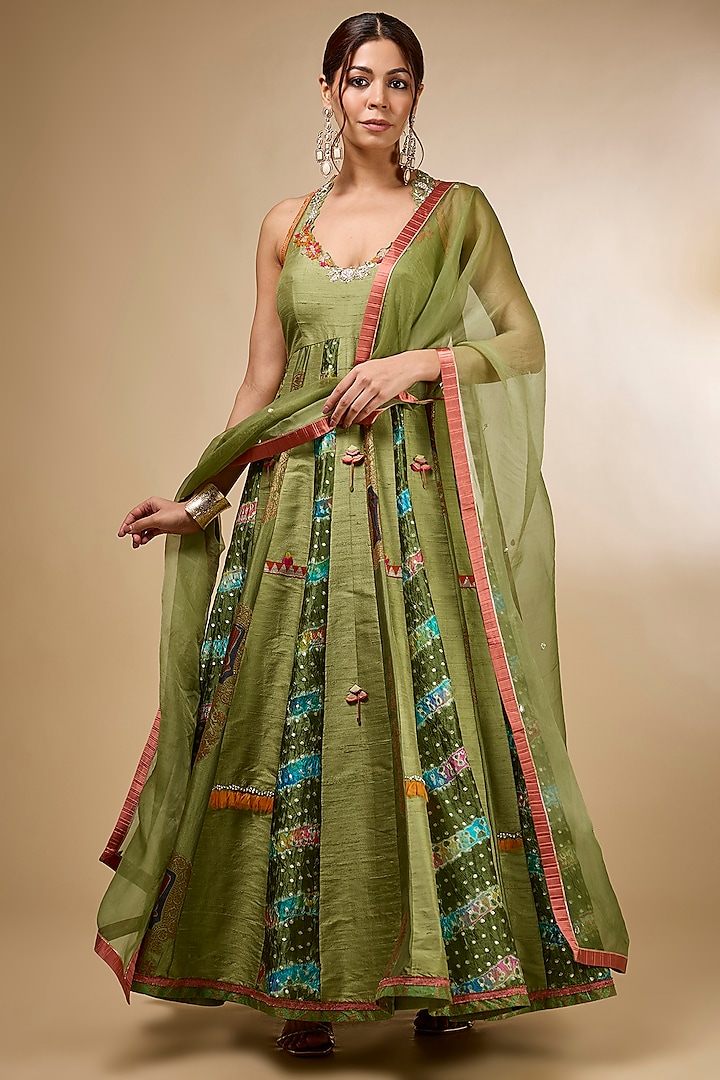 Green Silk Zardosi Embroidered Kalidar Wedding Anarkali Set by aum ashima & asit at Pernia's Pop Up Shop