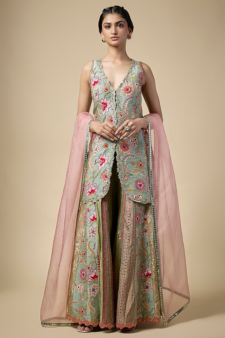 Aqua Blue Silk Bridal Sharara Set by aum ashima & asit at Pernia's Pop Up Shop