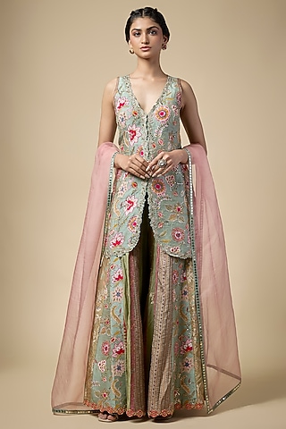 Aqua Blue Silk Sharara Set by aum ashima & asit